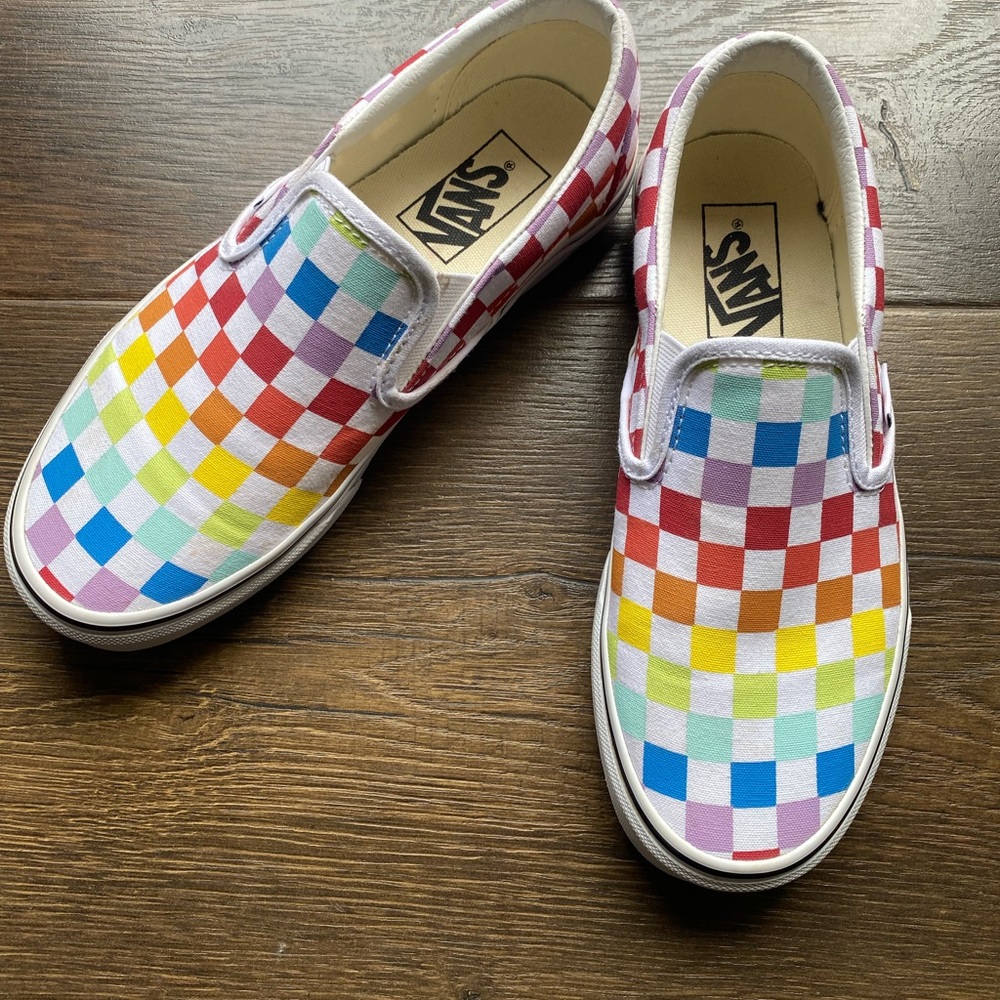 Rainbow checked slip on Vans